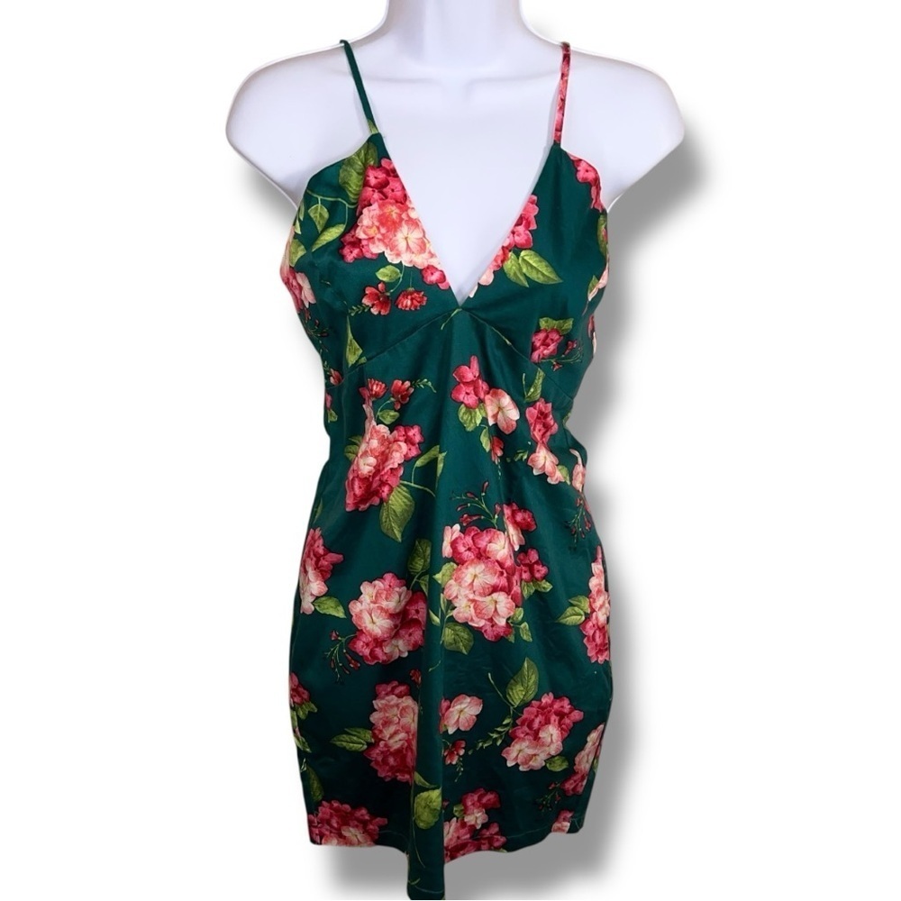 Juniors Large Forever 21 Green Floral Sleeveless Dress Deep Vneck Pink Rose
